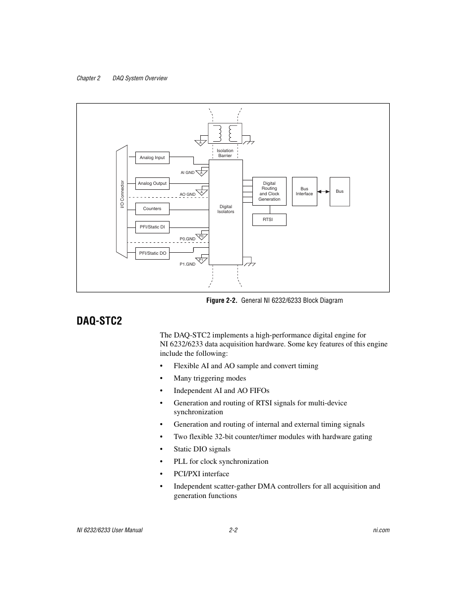 Figure 2-2. general ni 6232/6233 block diagram, Daq-stc2, Daq-stc2 -2 | National Instruments NI 6232 User Manual | Page 21 / 180