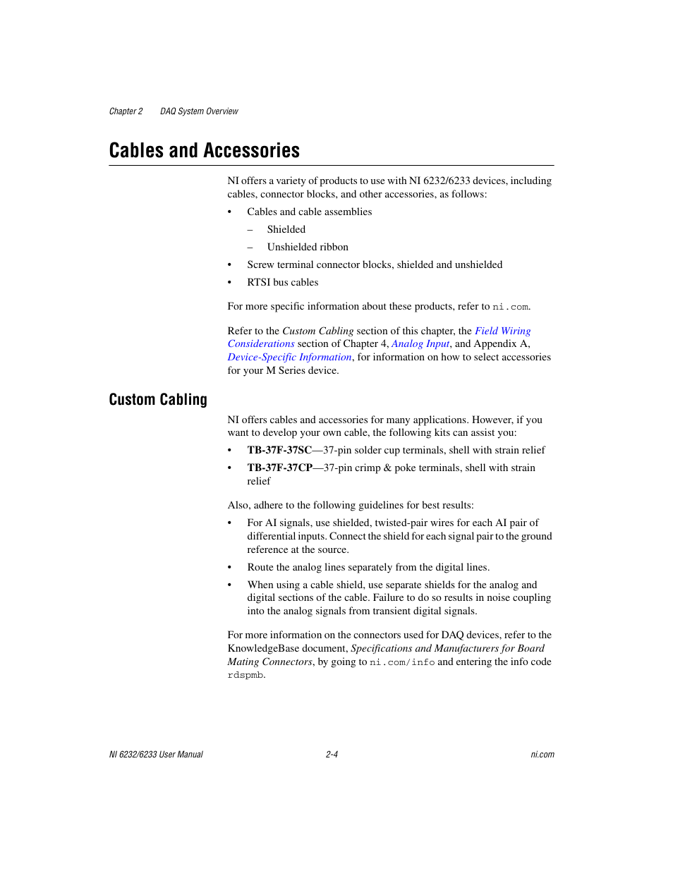Cables and accessories, Custom cabling, Cables and accessories -4 | Custom cabling -4 | National Instruments NI 6232 User Manual | Page 23 / 180
