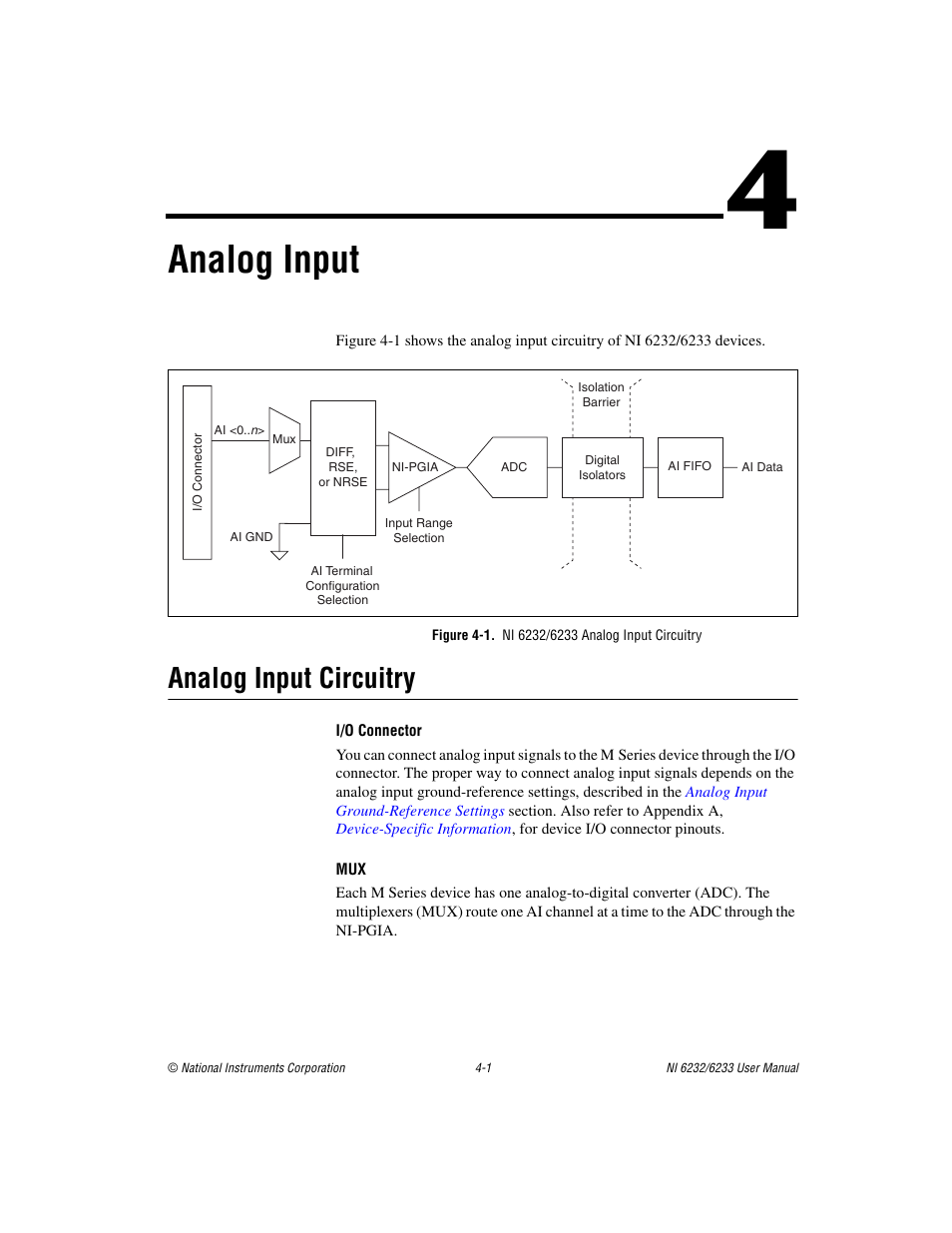 Chapter 4 analog input, Figure 4-1. ni 6232/6233 analog input circuitry, Analog input circuitry | Analog input circuitry -1, Of chapter 4, Analog input | National Instruments NI 6232 User Manual | Page 28 / 180
