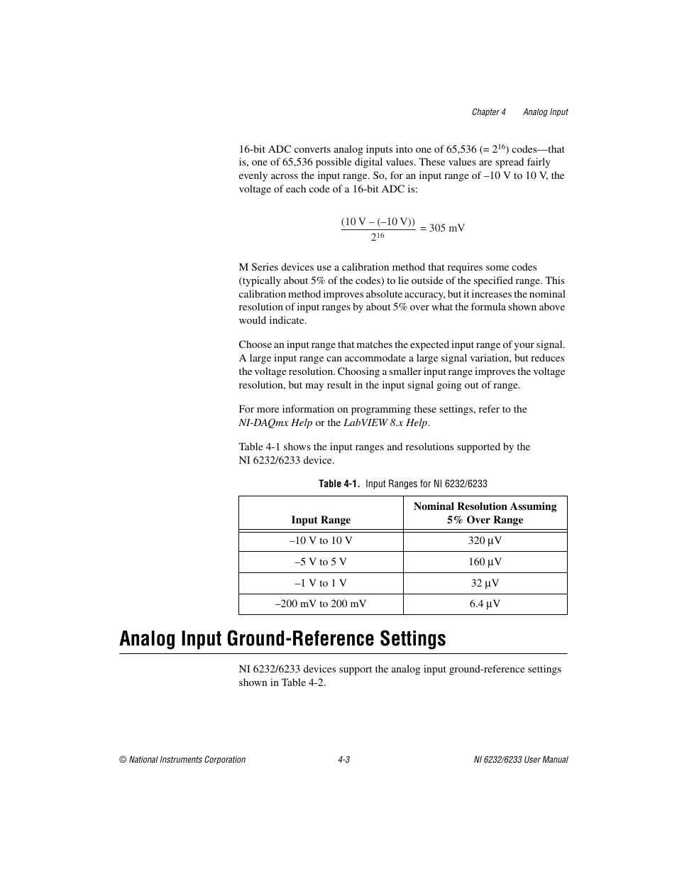 Table 4-1. input ranges for ni 6232/6233, Analog input ground-reference settings, Analog input ground-reference settings -3 | Analog input, Ground-reference settings | National Instruments NI 6232 User Manual | Page 30 / 180