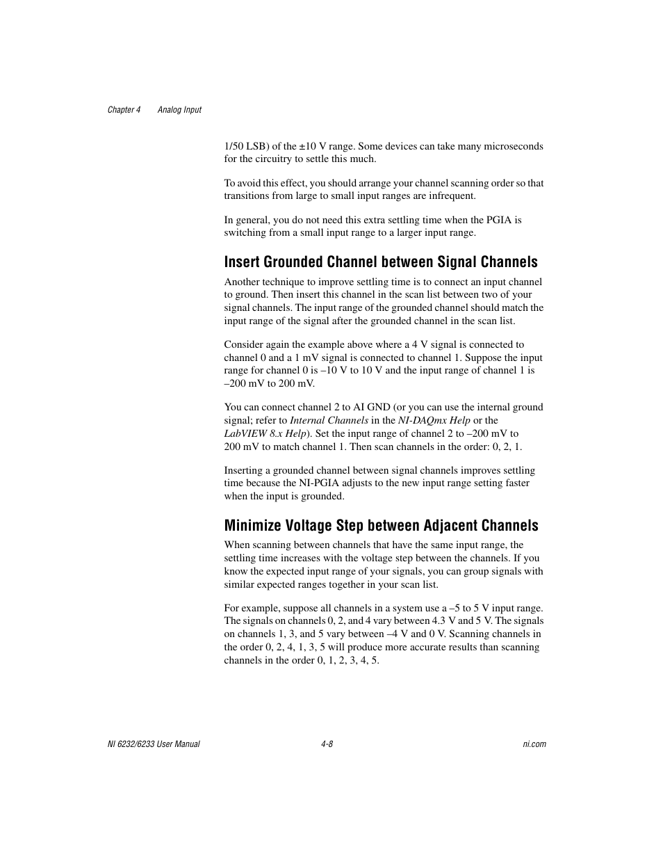 Insert grounded channel between signal channels, Minimize voltage step between adjacent channels | National Instruments NI 6232 User Manual | Page 35 / 180