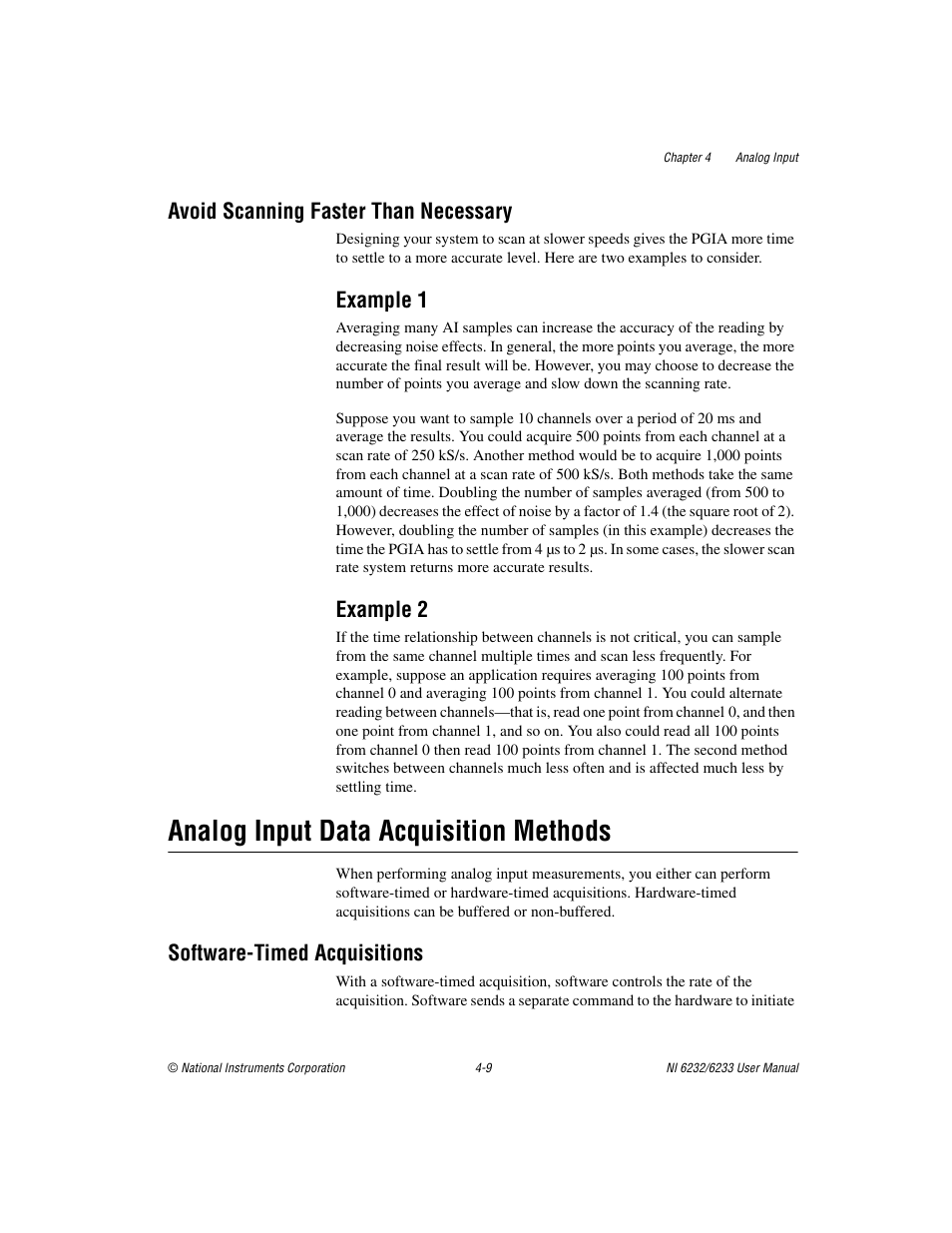 Avoid scanning faster than necessary, Example 1, Example 2 | Analog input data acquisition methods, Software-timed acquisitions, Avoid scanning faster than necessary -9, Example 1 -9 example 2 -9, Analog input data acquisition methods -9, Software-timed acquisitions -9 | National Instruments NI 6232 User Manual | Page 36 / 180