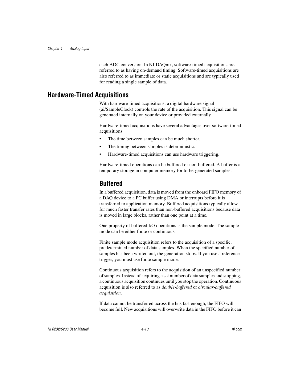 Hardware-timed acquisitions, Buffered, Hardware-timed acquisitions -10 | Buffered -10 | National Instruments NI 6232 User Manual | Page 37 / 180