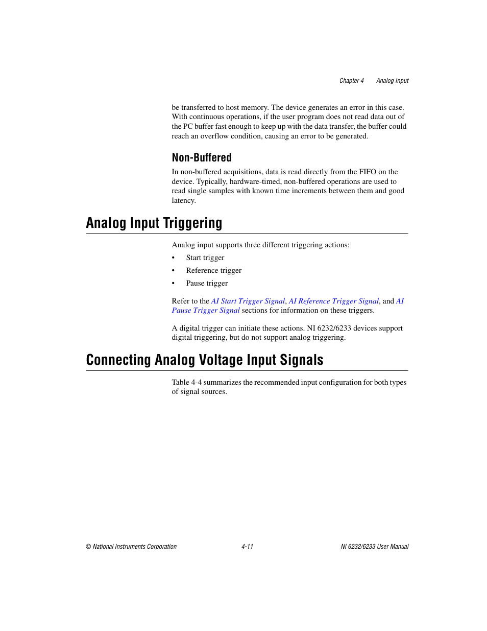 Non-buffered, Analog input triggering, Connecting analog voltage input signals | Non-buffered -11, Connecting analog, Voltage input signals | National Instruments NI 6232 User Manual | Page 38 / 180