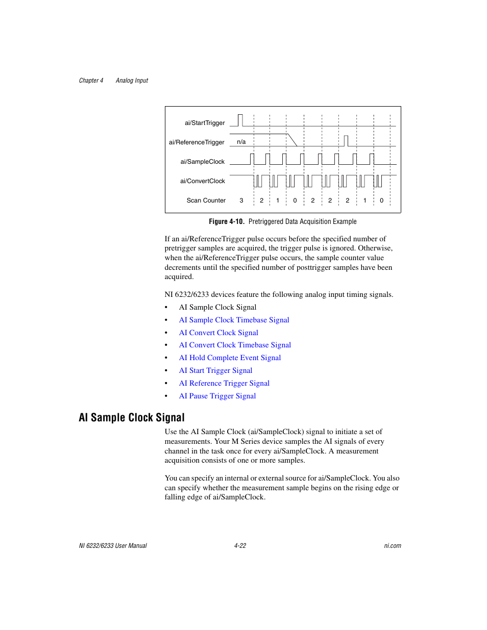 Figure 4-10. pretriggered data acquisition example, Ai sample clock signal, Ai sample clock signal -22 | National Instruments NI 6232 User Manual | Page 49 / 180