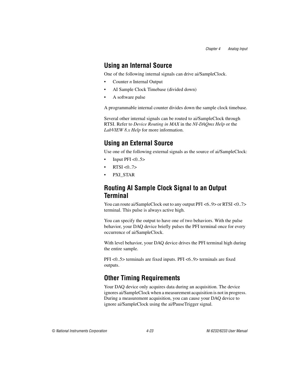 Using an internal source, Using an external source, Other timing requirements | Using an internal source -23 | National Instruments NI 6232 User Manual | Page 50 / 180