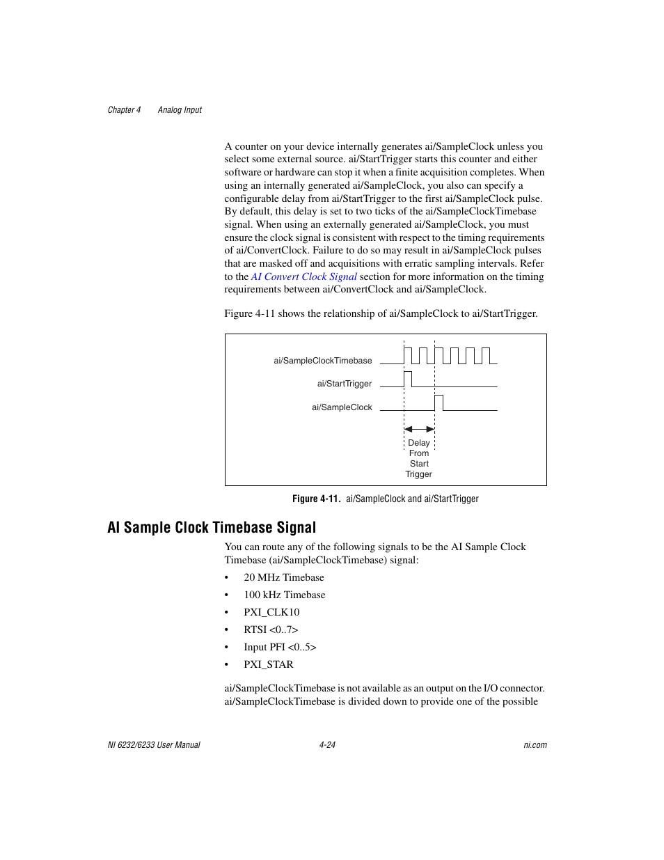 Figure 4-11. ai/sampleclock and ai/starttrigger, Ai sample clock timebase signal, Ai sample clock timebase signal -24 | National Instruments NI 6232 User Manual | Page 51 / 180