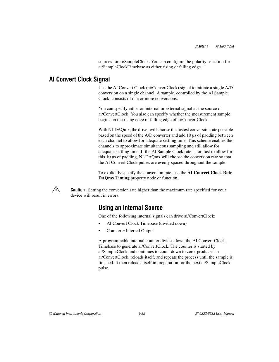 Ai convert clock signal, Using an internal source, Ai convert clock signal -25 | Using an internal source -25 | National Instruments NI 6232 User Manual | Page 52 / 180