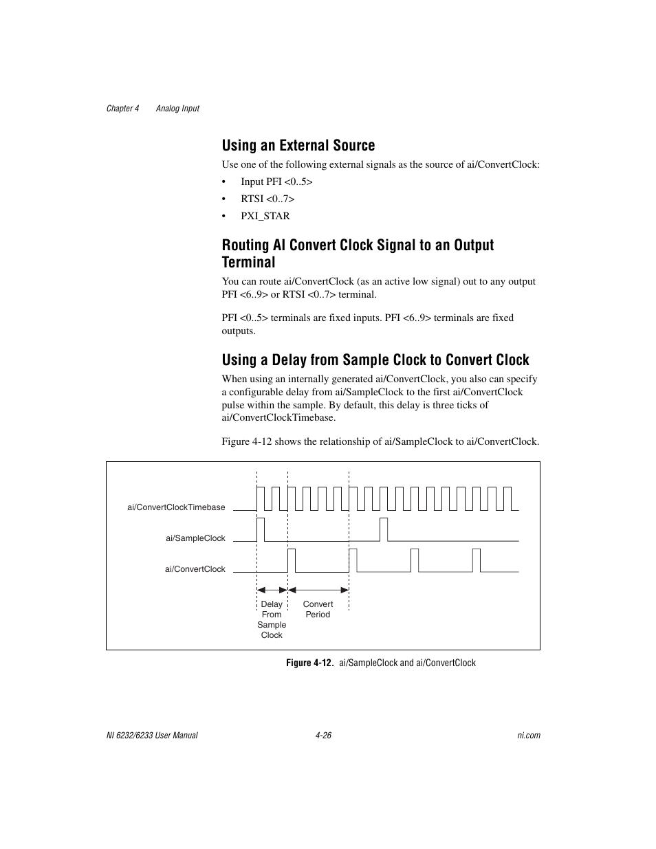 Using an external source, Using a delay from sample clock to convert clock, Figure 4-12. ai/sampleclock and ai/convertclock | National Instruments NI 6232 User Manual | Page 53 / 180
