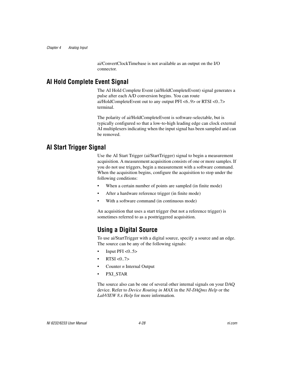 Ai hold complete event signal, Ai start trigger signal, Using a digital source | Using a digital source -28 | National Instruments NI 6232 User Manual | Page 55 / 180