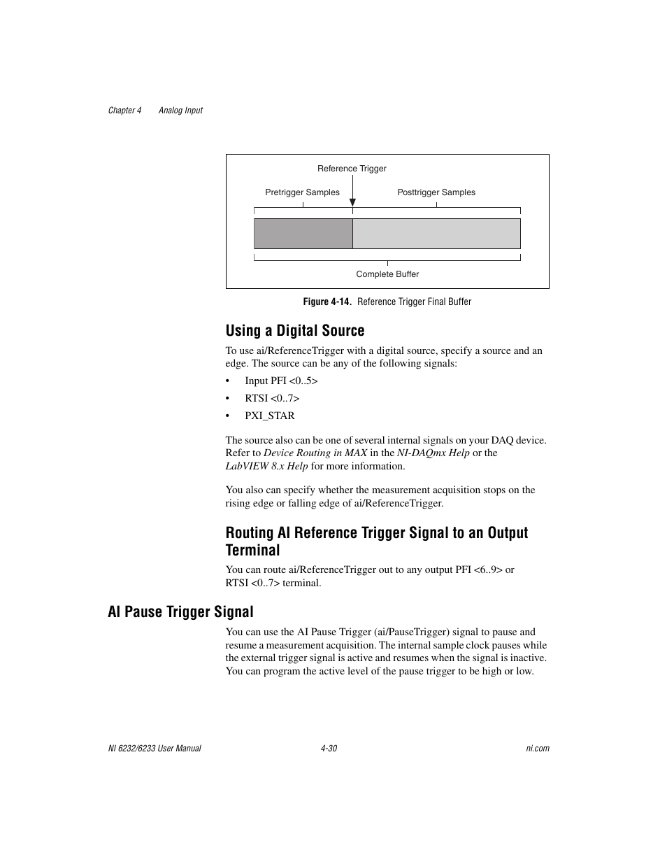 Figure 4-14. reference trigger final buffer, Using a digital source, Ai pause trigger signal | Ai pause trigger signal -30, Pause trigger signal, Section | National Instruments NI 6232 User Manual | Page 57 / 180