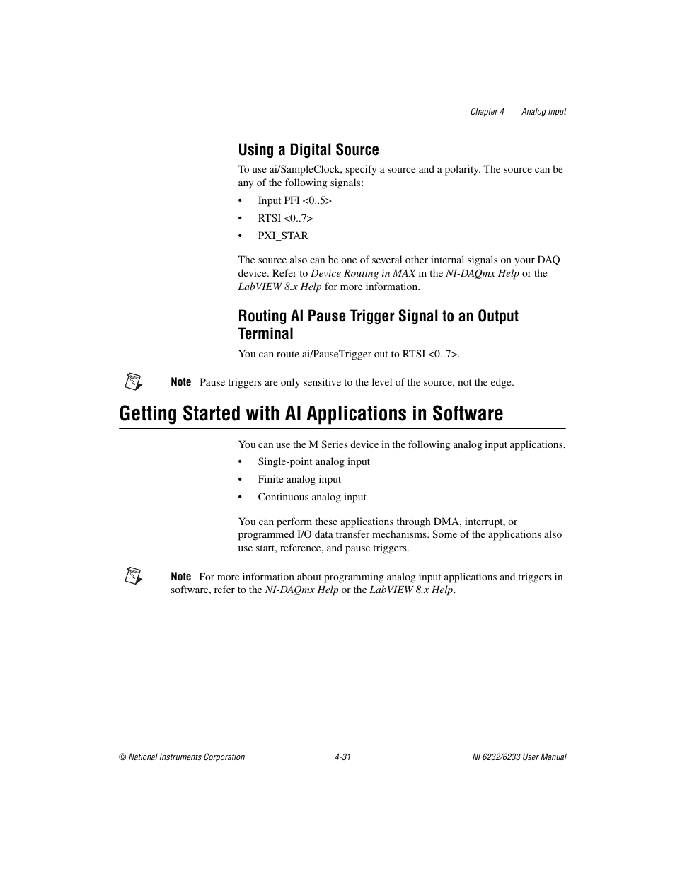 Using a digital source, Getting started with ai applications in software | National Instruments NI 6232 User Manual | Page 58 / 180