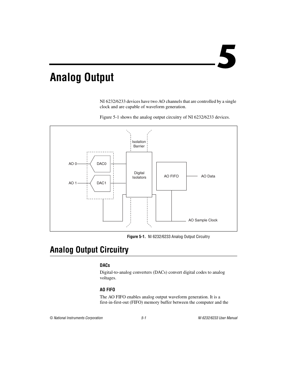 Chapter 5 analog output, Figure 5-1. ni 6232/6233 analog output circuitry, Analog output circuitry | Analog output circuitry -1, Analog output | National Instruments NI 6232 User Manual | Page 59 / 180