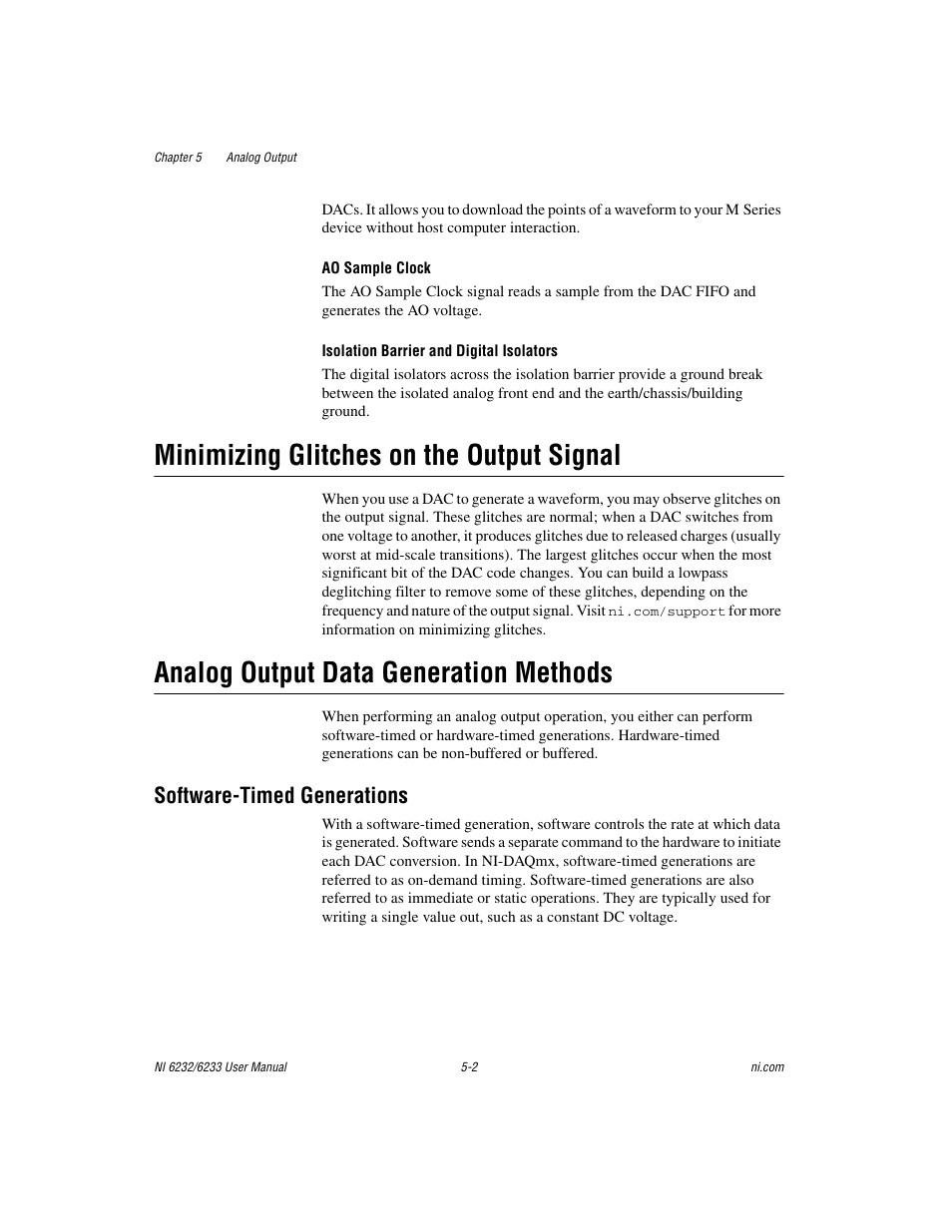 Minimizing glitches on the output signal, Analog output data generation methods, Software-timed generations | Software-timed generations -2 | National Instruments NI 6232 User Manual | Page 60 / 180