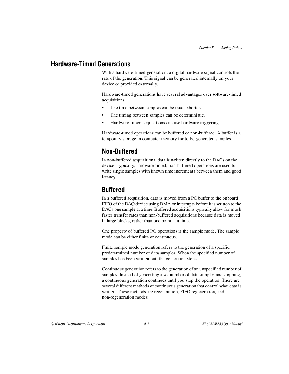 Hardware-timed generations, Non-buffered, Buffered | Hardware-timed generations -3, Non-buffered -3 buffered -3 | National Instruments NI 6232 User Manual | Page 61 / 180