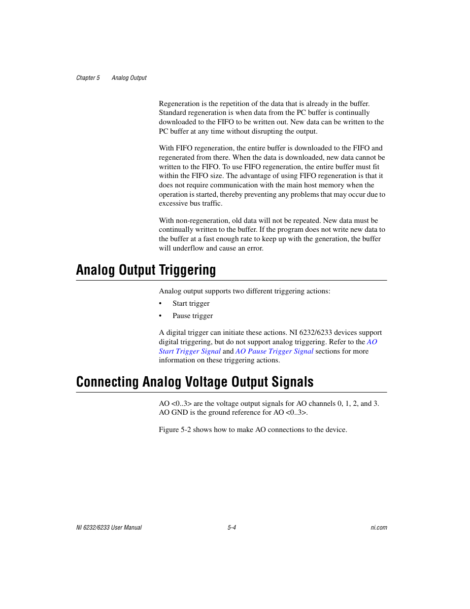 Analog output triggering, Connecting analog voltage output signals | National Instruments NI 6232 User Manual | Page 62 / 180