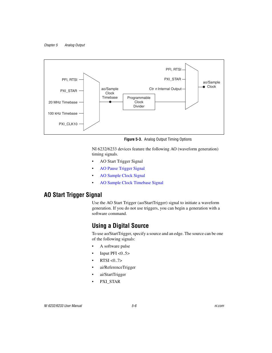 Figure 5-3. analog output timing options, Ao start trigger signal, Using a digital source | Ao start trigger signal -6, Using a digital source -6, Refer to the, Start trigger signal | National Instruments NI 6232 User Manual | Page 64 / 180