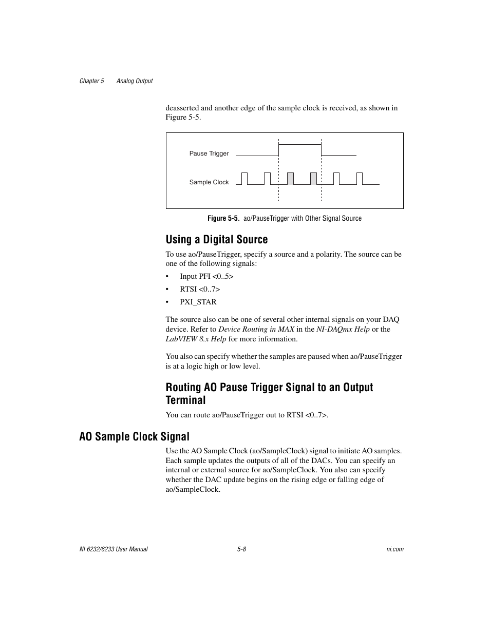 Using a digital source, Ao sample clock signal, Ao sample clock signal -8 | National Instruments NI 6232 User Manual | Page 66 / 180