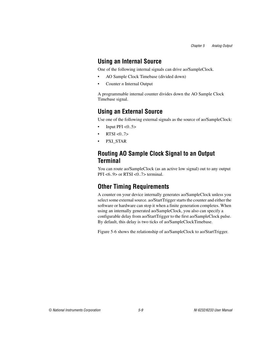Using an internal source, Using an external source, Other timing requirements | National Instruments NI 6232 User Manual | Page 67 / 180