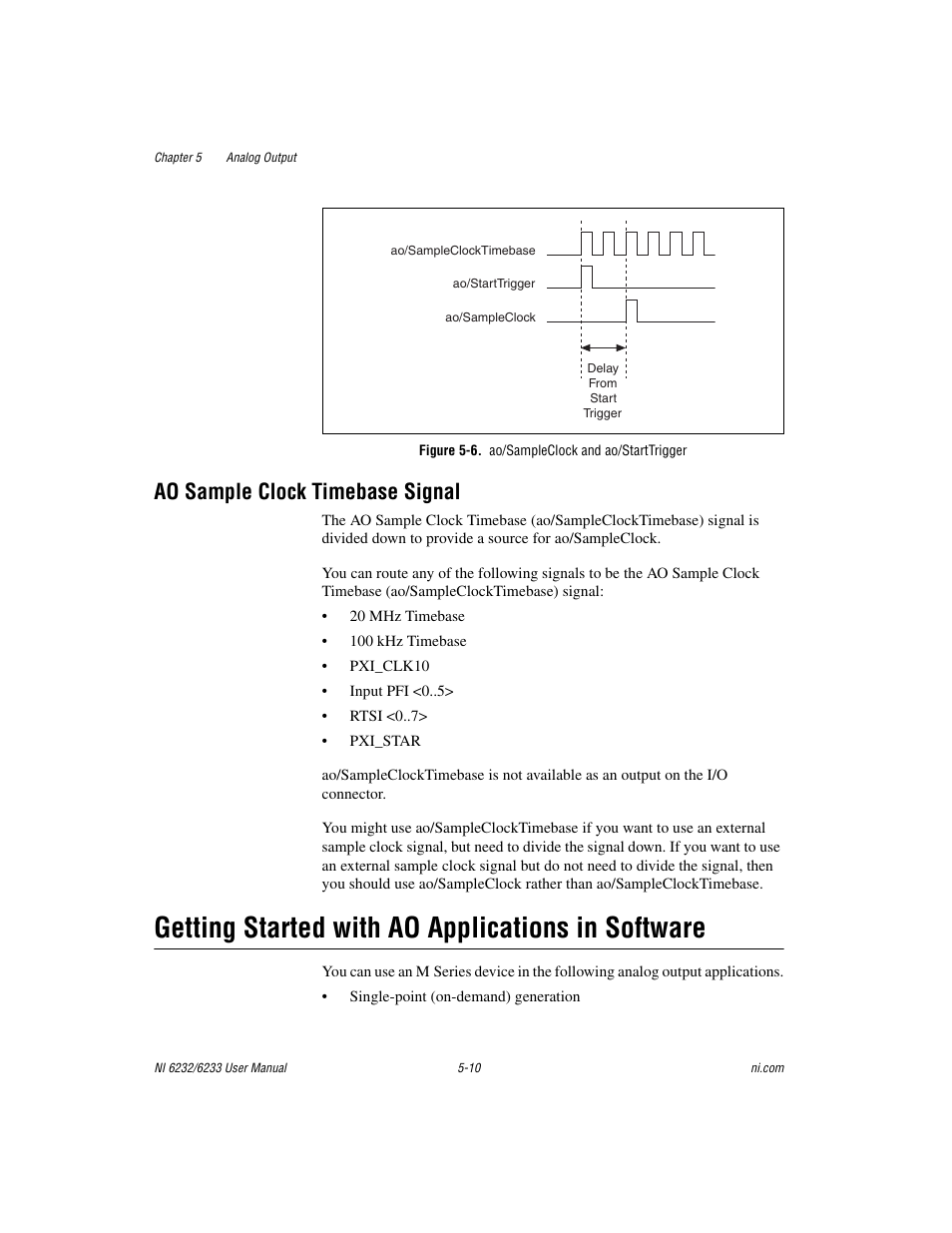 Figure 5-6. ao/sampleclock and ao/starttrigger, Ao sample clock timebase signal, Getting started with ao applications in software | Ao sample clock timebase signal -10 | National Instruments NI 6232 User Manual | Page 68 / 180