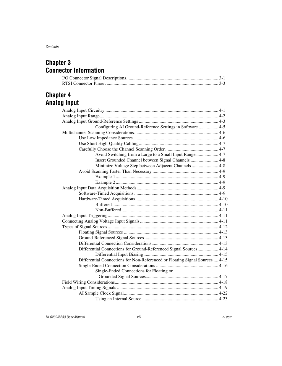 Chapter 3 connector information, Chapter 4 analog input | National Instruments NI 6232 User Manual | Page 7 / 180