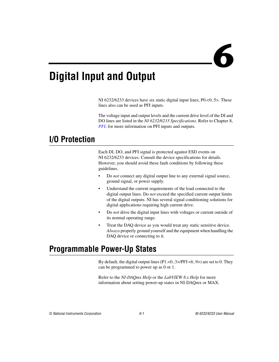 Chapter 6 digital input and output, I/o protection, Programmable power-up states | I/o protection -1 programmable power-up states -1, Digital input and output | National Instruments NI 6232 User Manual | Page 70 / 180