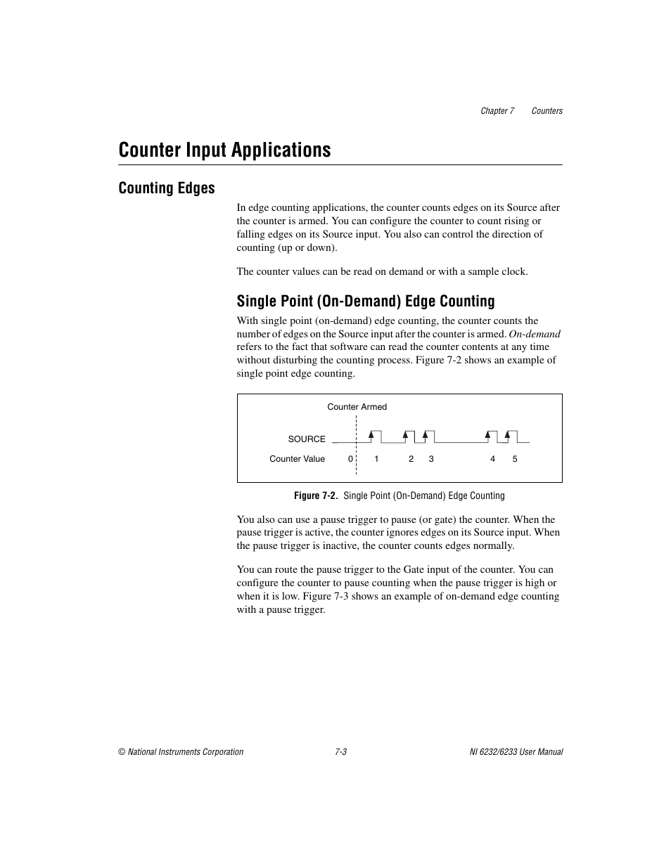 Counter input applications, Counting edges, Single point (on-demand) edge counting | Figure 7-2. single point (on-demand) edge counting, Counter input applications -3, Counting edges -3, Single point (on-demand) edge counting -3 | National Instruments NI 6232 User Manual | Page 76 / 180