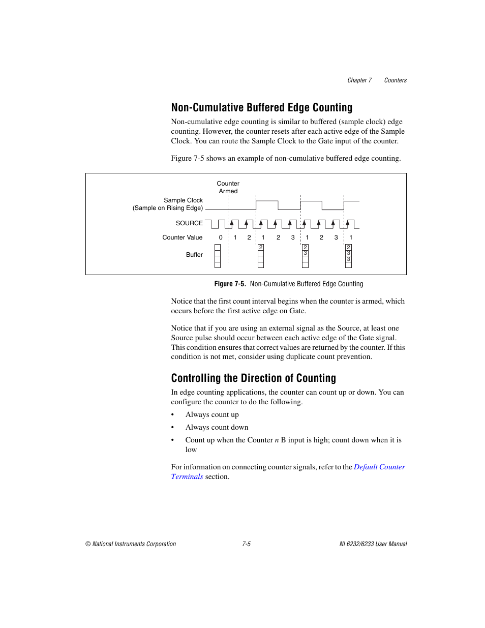 Non-cumulative buffered edge counting, Figure 7-5. non-cumulative buffered edge counting, Controlling the direction of counting | National Instruments NI 6232 User Manual | Page 78 / 180