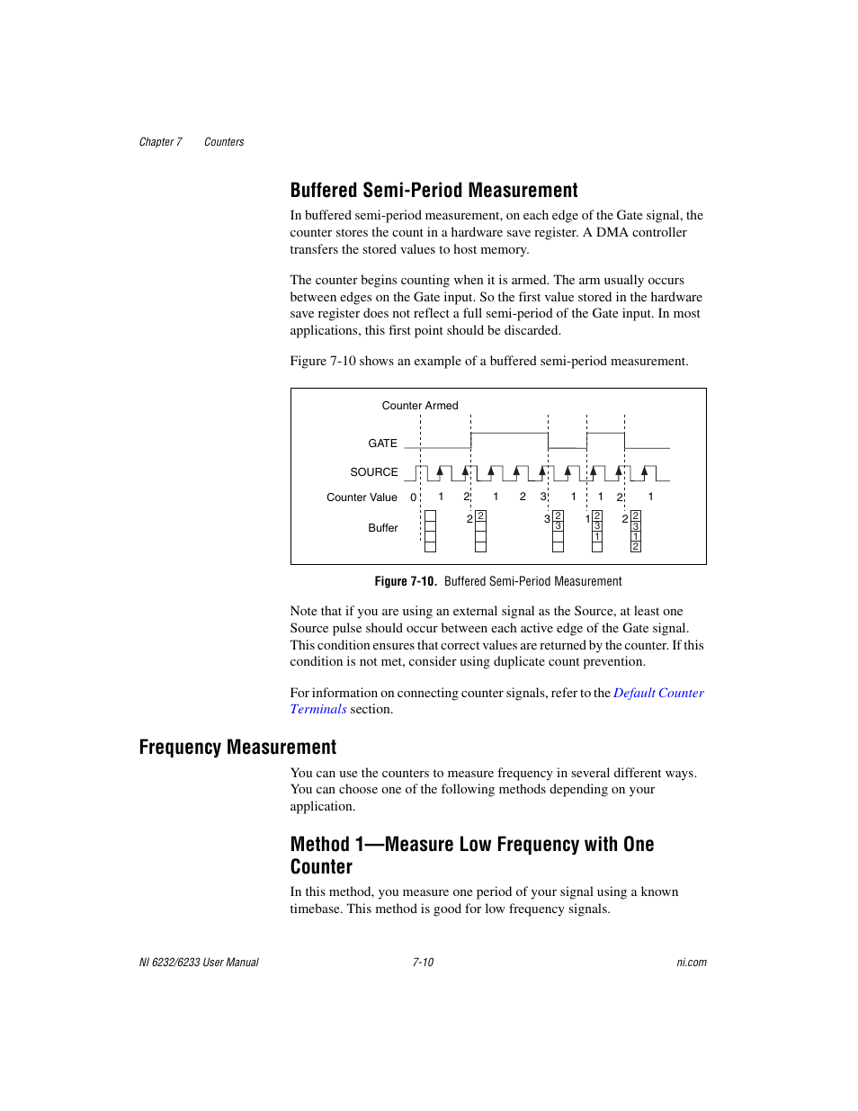Buffered semi-period measurement, Figure 7-10. buffered semi-period measurement, Frequency measurement | Method 1-measure low frequency with one counter, Buffered semi-period measurement -10, Frequency measurement -10, Method 1—measure low frequency with one counter | National Instruments NI 6232 User Manual | Page 83 / 180