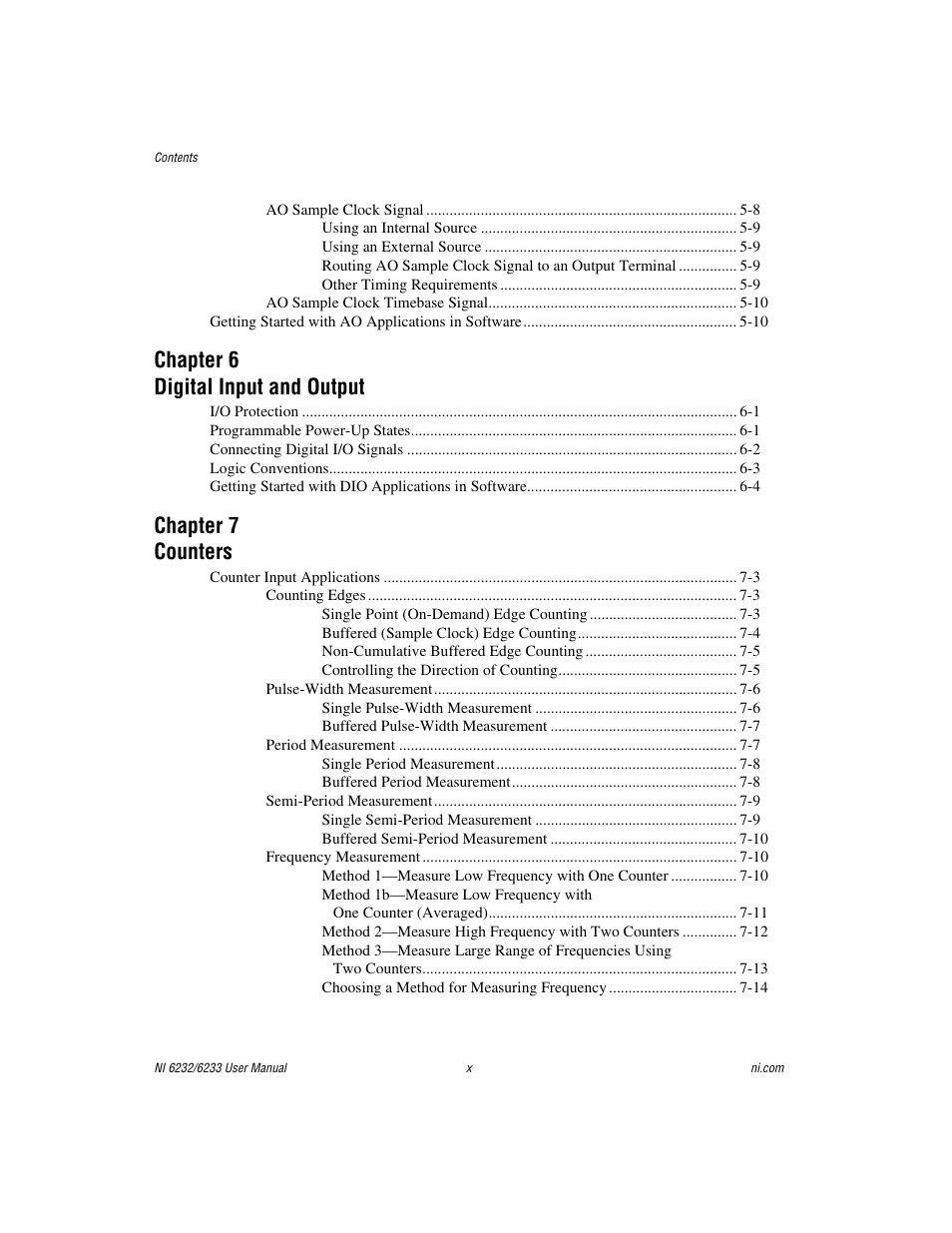 Chapter 6 digital input and output, Chapter 7 counters | National Instruments NI 6232 User Manual | Page 9 / 180