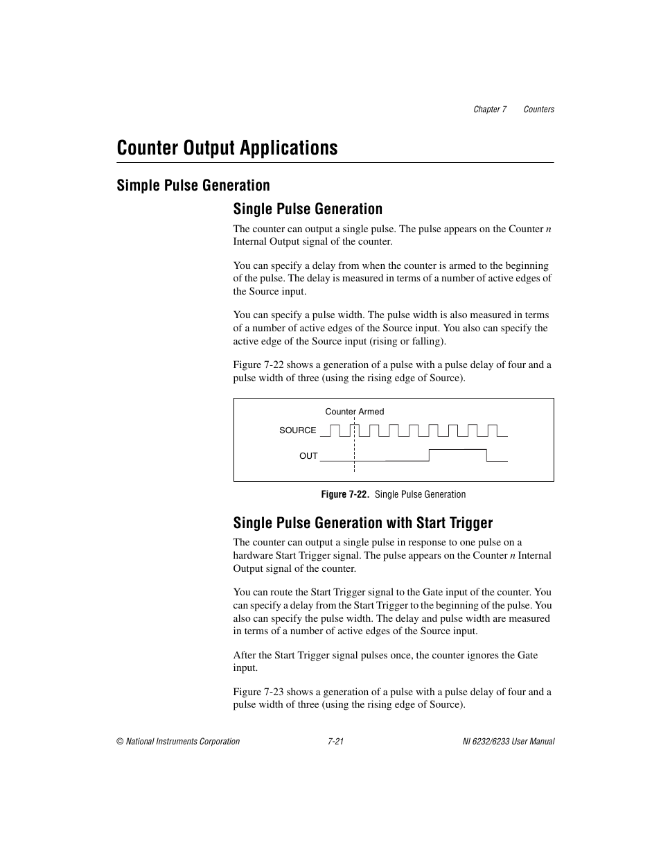 Counter output applications, Simple pulse generation, Single pulse generation | Figure 7-22. single pulse generation, Single pulse generation with start trigger, Counter output applications -21, Simple pulse generation -21, Simple pulse generation single pulse generation | National Instruments NI 6232 User Manual | Page 94 / 180