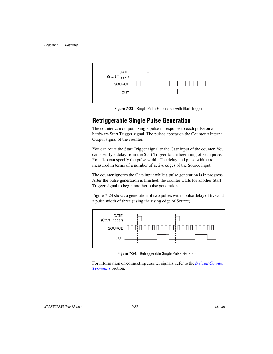Retriggerable single pulse generation, Figure 7-24. retriggerable single pulse generation, Retriggerable single pulse generation -22 | National Instruments NI 6232 User Manual | Page 95 / 180