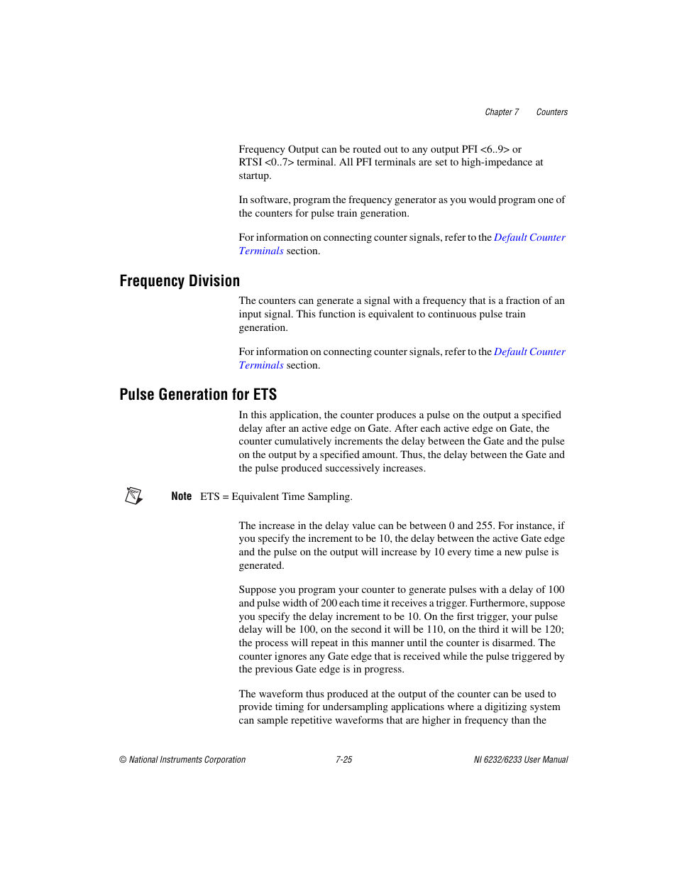 Frequency division, Pulse generation for ets | National Instruments NI 6232 User Manual | Page 98 / 180