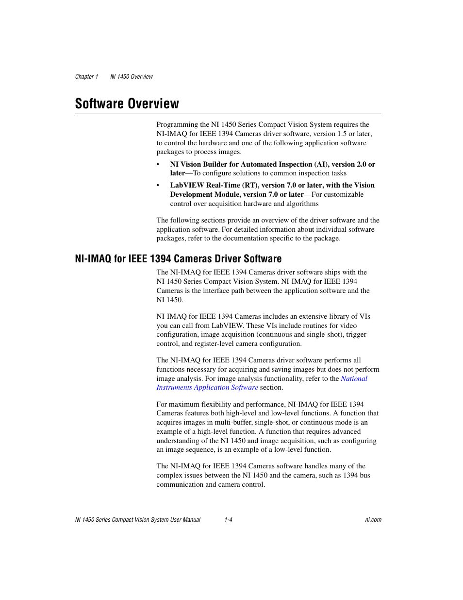 Software overview, Ni-imaq for ieee 1394 cameras driver software, Software overview -4 | Ni-imaq for ieee 1394 cameras driver software -4 | National Instruments NI 1450 Series User Manual | Page 12 / 83