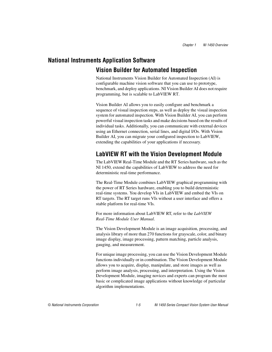 National instruments application software, Vision builder for automated inspection, Labview rt with the vision development module | National instruments application software -5 | National Instruments NI 1450 Series User Manual | Page 13 / 83