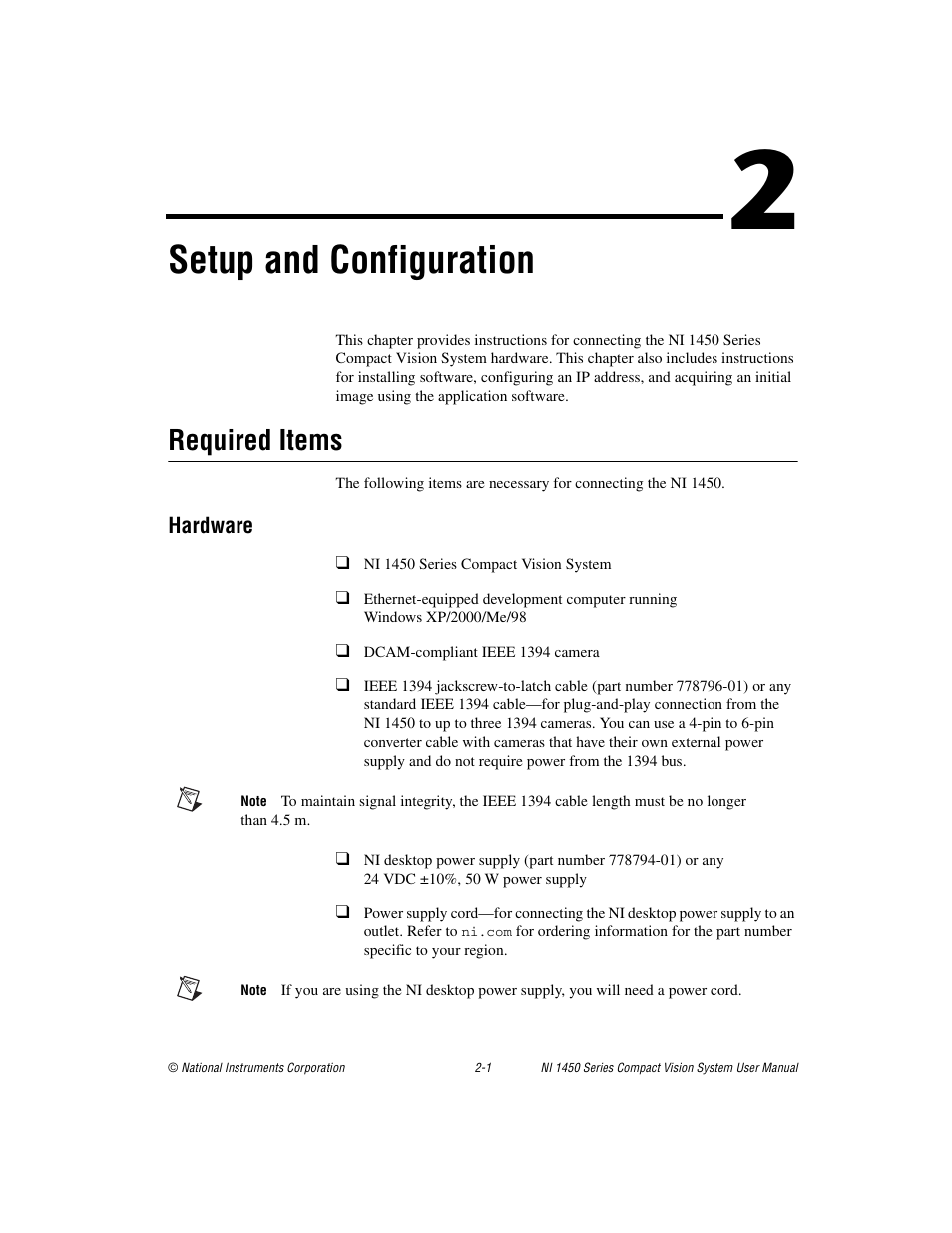 Chapter 2 setup and configuration, Required items, Hardware | Required items -1, Hardware -1, Setup and configuration | National Instruments NI 1450 Series User Manual | Page 15 / 83