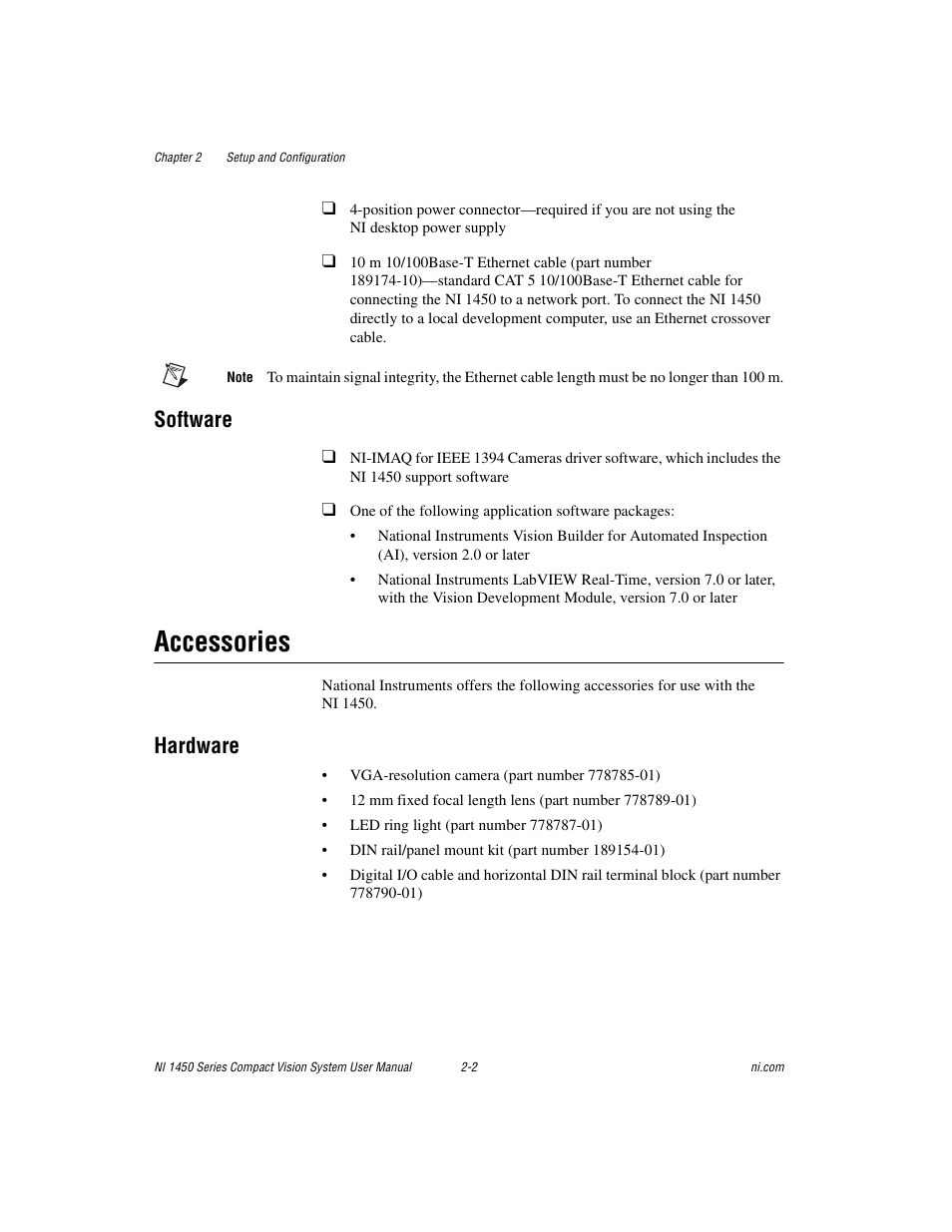 Software, Accessories, Hardware | Software -2, Accessories -2, Hardware -2 | National Instruments NI 1450 Series User Manual | Page 16 / 83