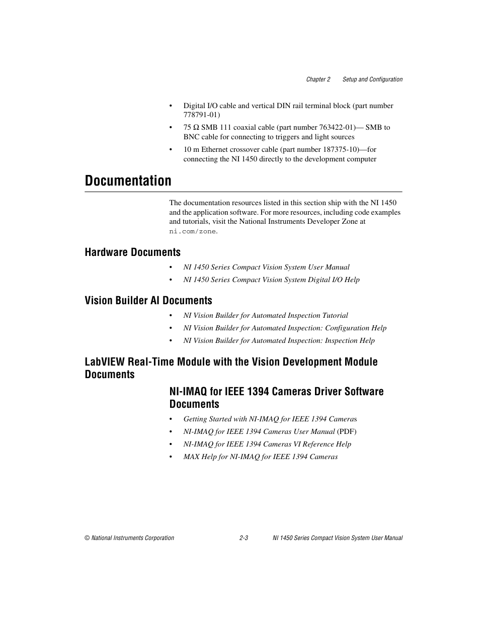 Documentation, Hardware documents, Vision builder ai documents | Documentation -3, Documents -3 | National Instruments NI 1450 Series User Manual | Page 17 / 83