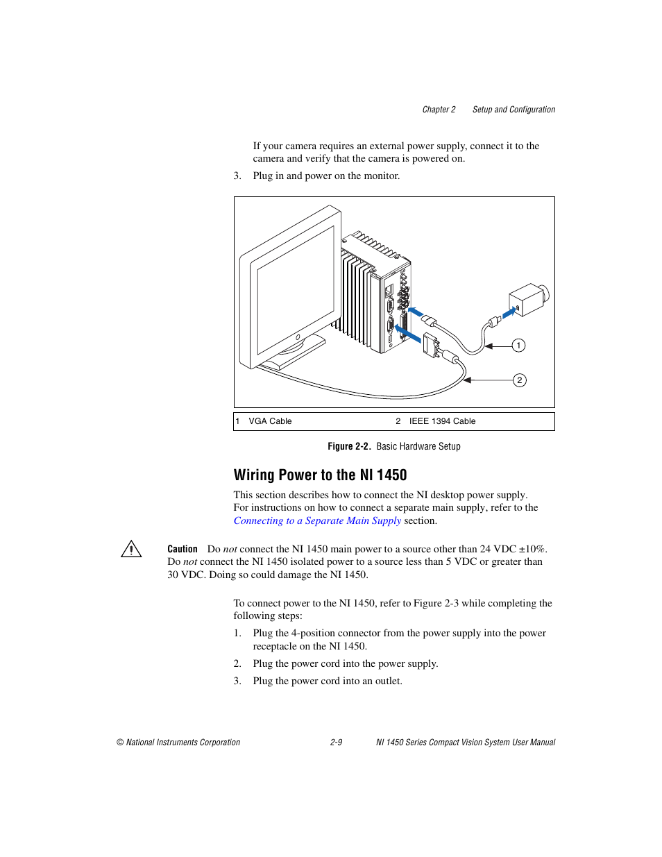 Figure 2-2. basic hardware setup, Wiring power to the ni 1450, Wiring power to the ni 1450 -9 | National Instruments NI 1450 Series User Manual | Page 23 / 83