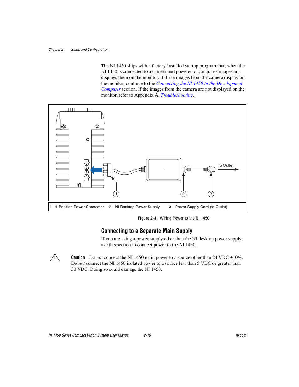 Figure 2-3. wiring power to the ni 1450, Connecting to a separate main supply | National Instruments NI 1450 Series User Manual | Page 24 / 83