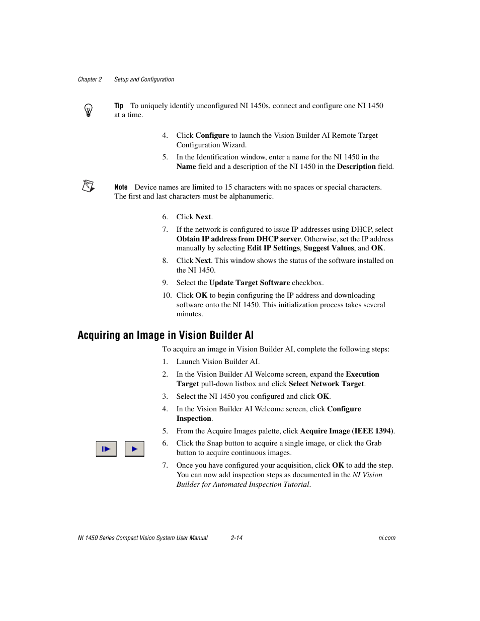 Acquiring an image in vision builder ai, Acquiring an image in vision builder ai -14 | National Instruments NI 1450 Series User Manual | Page 28 / 83