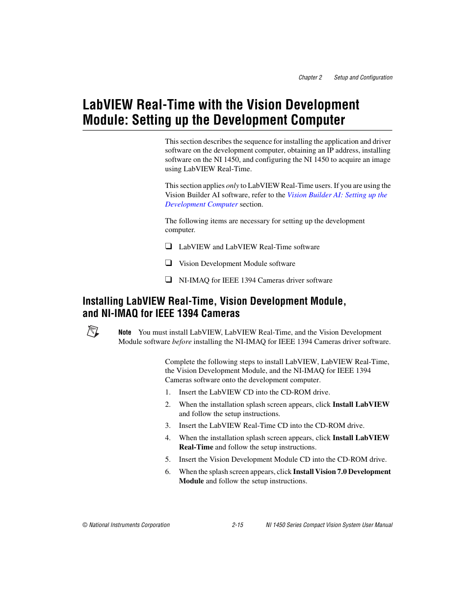 Development computer -15, And ni-imaq for ieee 1394 cameras -15 | National Instruments NI 1450 Series User Manual | Page 29 / 83