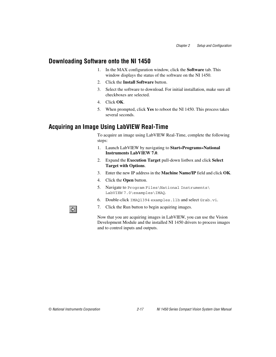 Downloading software onto the ni 1450, Acquiring an image using labview real-time | National Instruments NI 1450 Series User Manual | Page 31 / 83