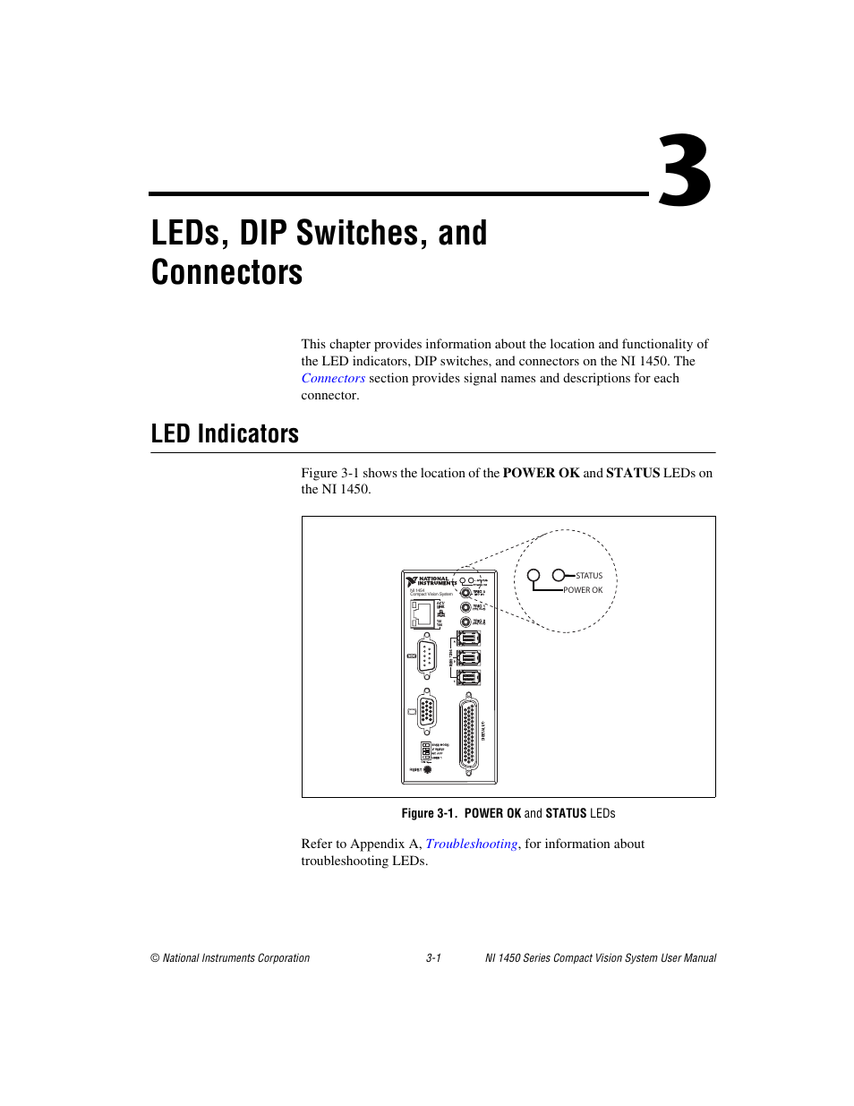 Chapter 3 leds, dip switches, and connectors, Led indicators, Figure 3-1. power ok and status leds | Led indicators -1, Leds, dip switches, And connectors, Leds, dip switches, and connectors | National Instruments NI 1450 Series User Manual | Page 32 / 83