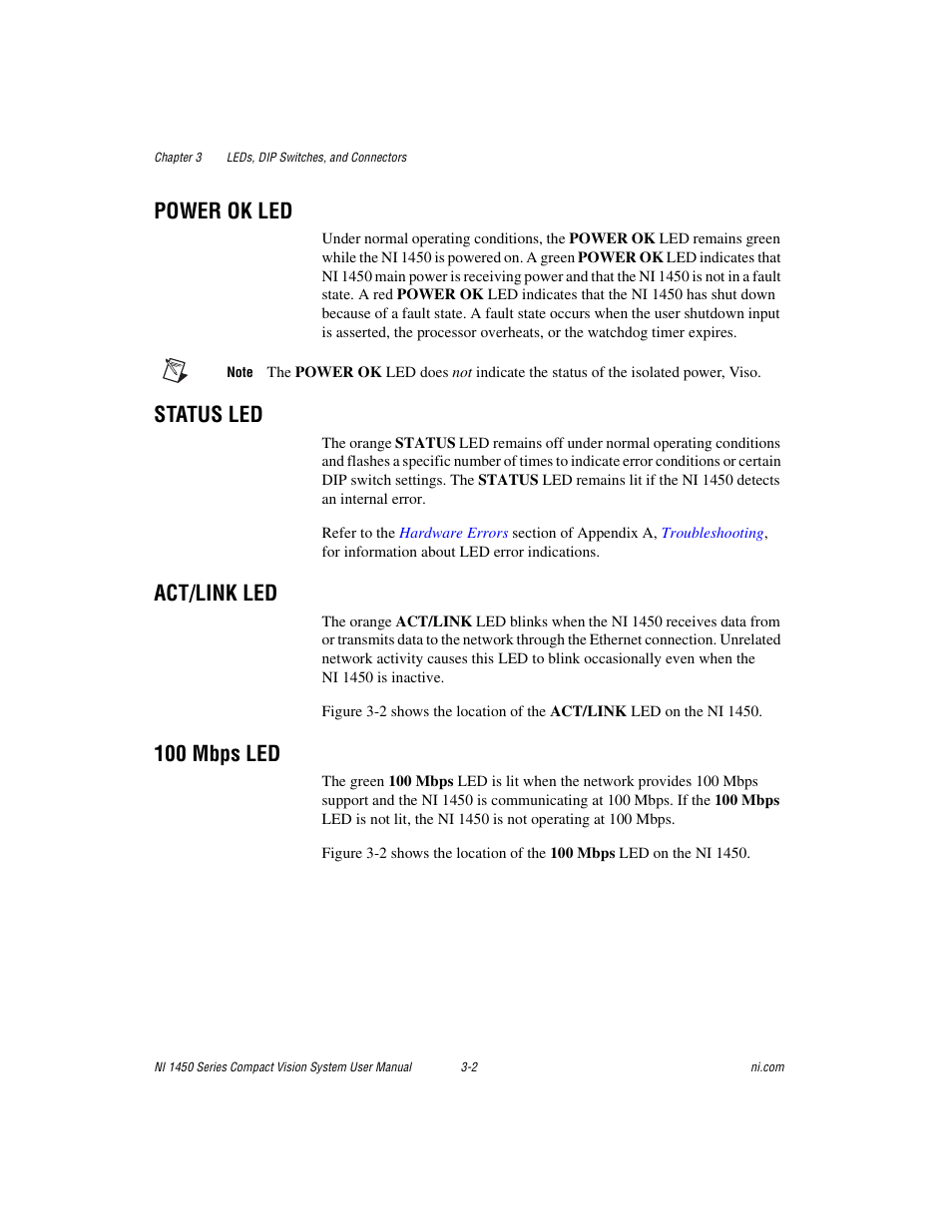 Power ok led, Status led, Act/link led | 100 mbps led | National Instruments NI 1450 Series User Manual | Page 33 / 83