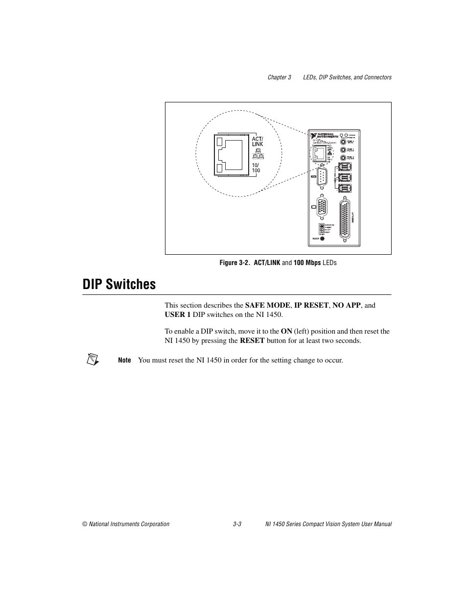 Figure 3-2. act/link and 100 mbps leds, Dip switches, Dip switches -3 | E 3-2 s | National Instruments NI 1450 Series User Manual | Page 34 / 83