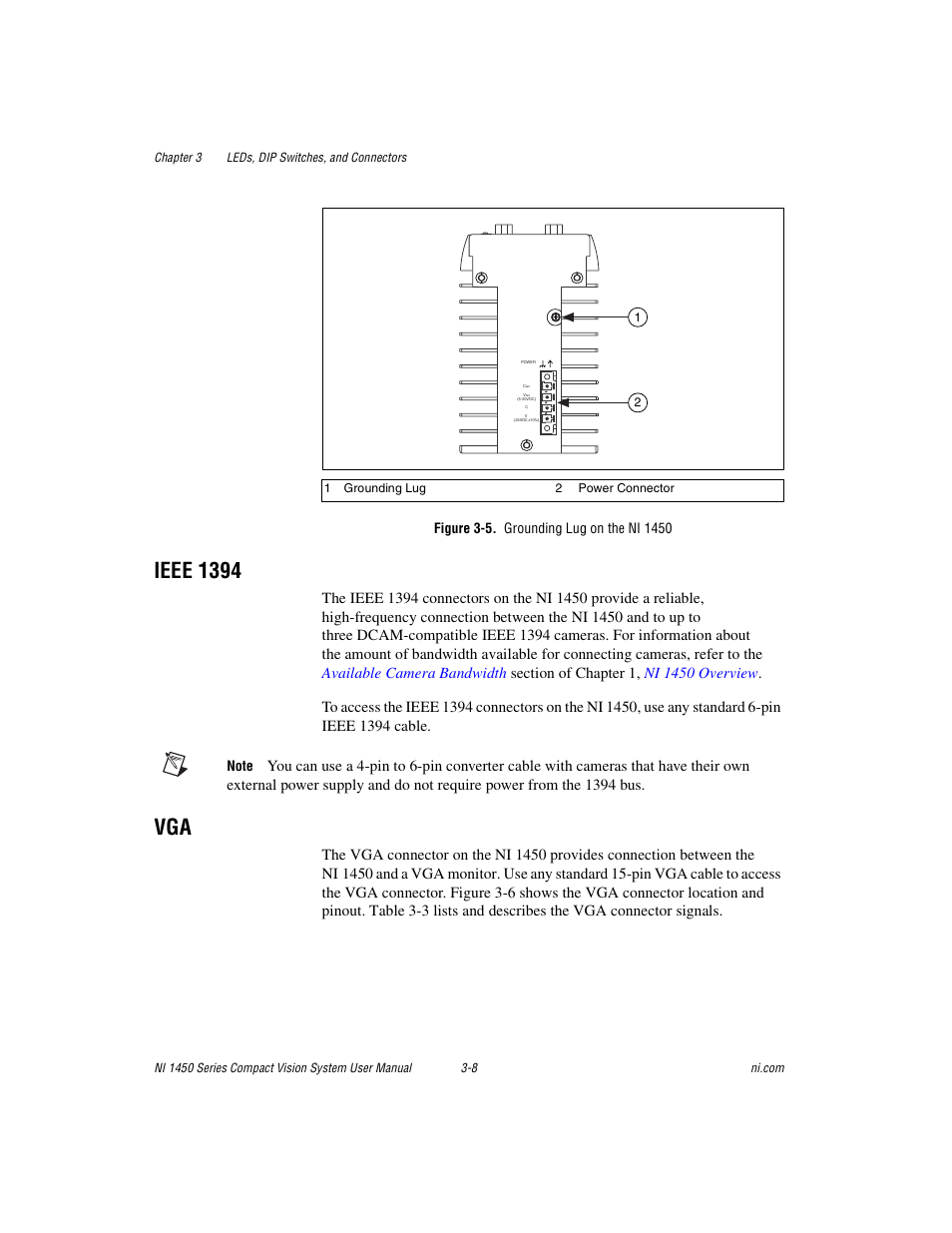 Figure 3-5. grounding lug on the ni 1450, Ieee 1394, Ieee 1394 -8 vga -8 | National Instruments NI 1450 Series User Manual | Page 39 / 83