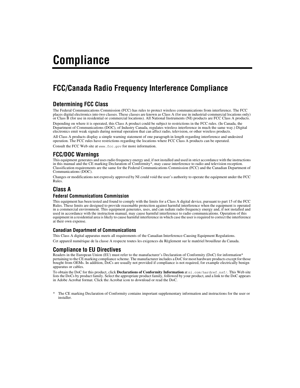 Compliance, Fcc/canada radio frequency interference compliance | National Instruments NI 1450 Series User Manual | Page 4 / 83