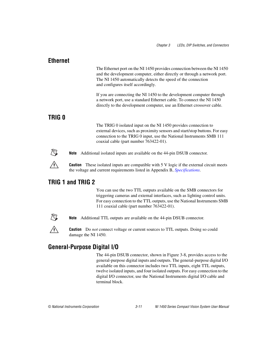 Ethernet, Trig 0, Trig 1 and trig 2 | General-purpose digital i/o | National Instruments NI 1450 Series User Manual | Page 42 / 83