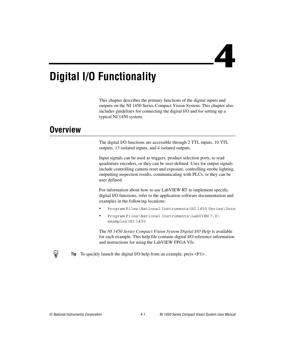 Chapter 4 digital i/o functionality, Overview, Overview -1 | Digital i/o functionality | National Instruments NI 1450 Series User Manual | Page 46 / 83